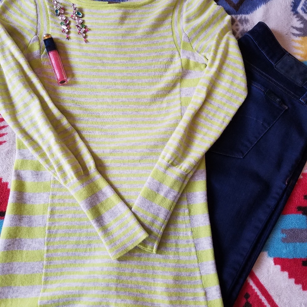 Free People Grey/Lime striped long-sleeved shirt